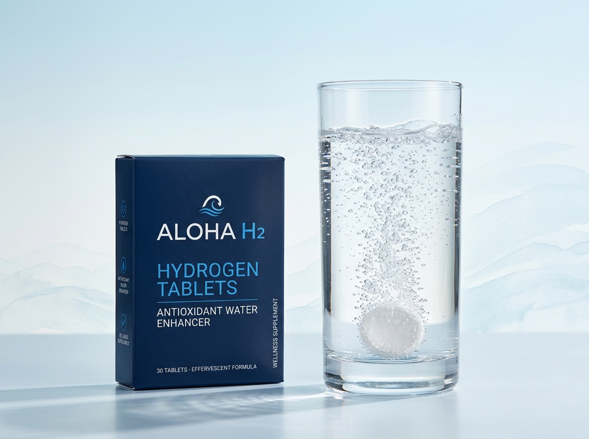 Aloha Hydrogen Tabs 30-count box next to a tall glass of hydrogen-rich water with a dissolving effervescent tablet